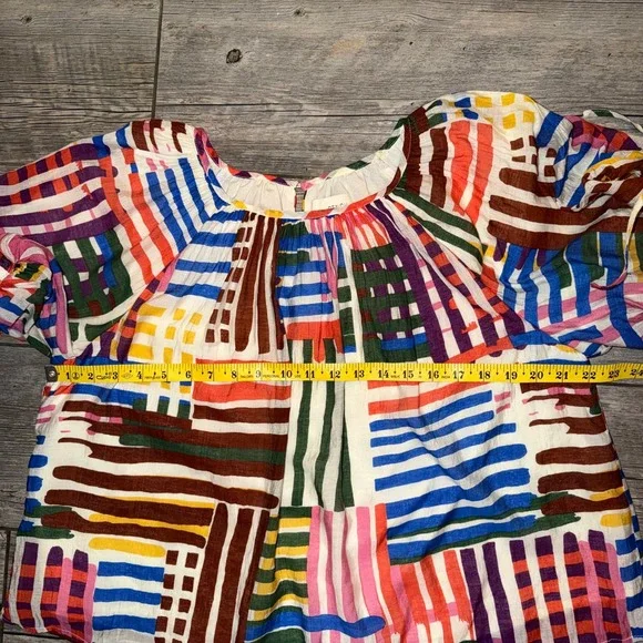 PINCH Patchwork Stripe Square Neck Puff Sleeve Tie Cuff Blouse Top M - Picture 7 of 7